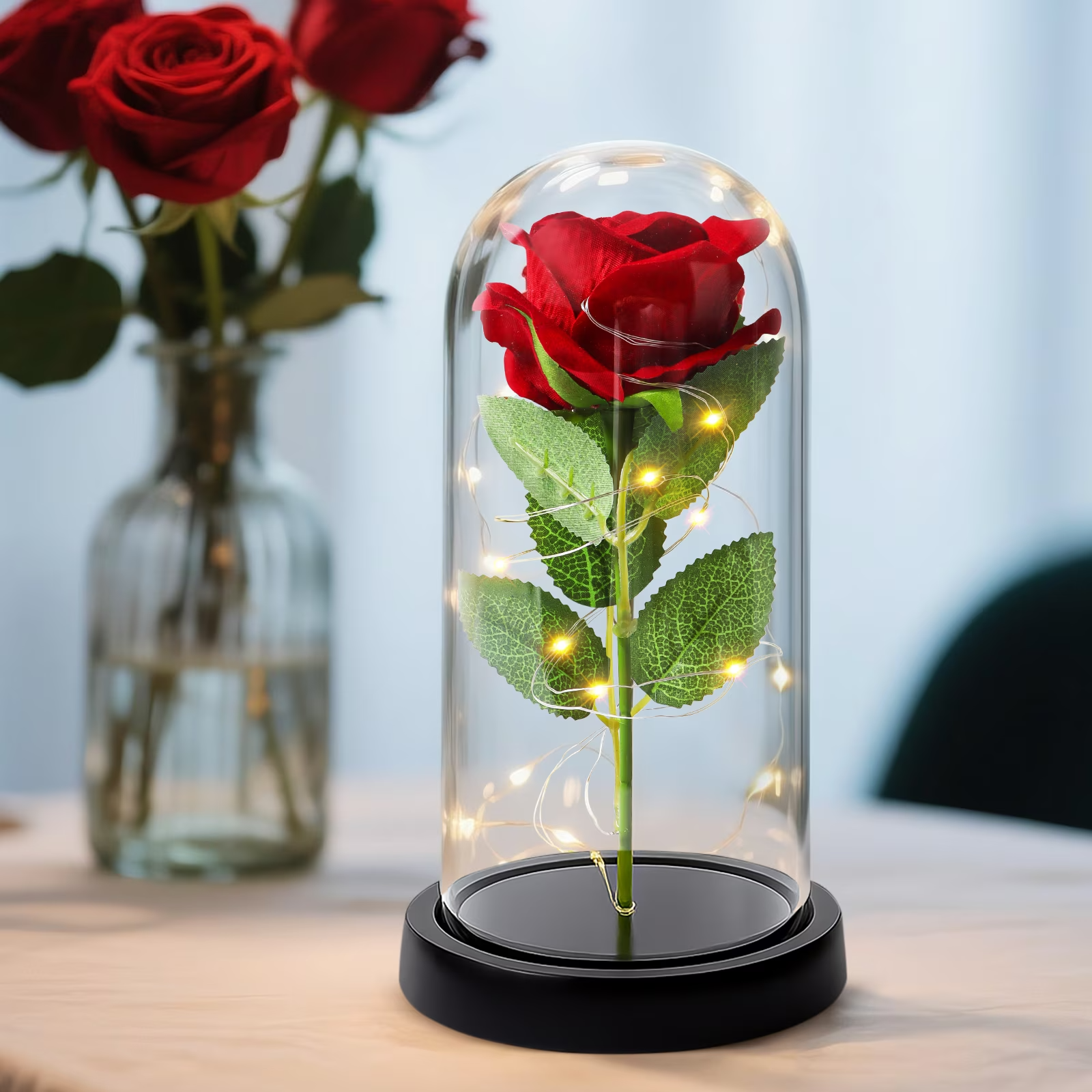 Eternal Red Rose in Glass Dome with LED Light – Lifelike Artificial Flower, Romantic Couple Gift for Valentine's Day & Anniversary
