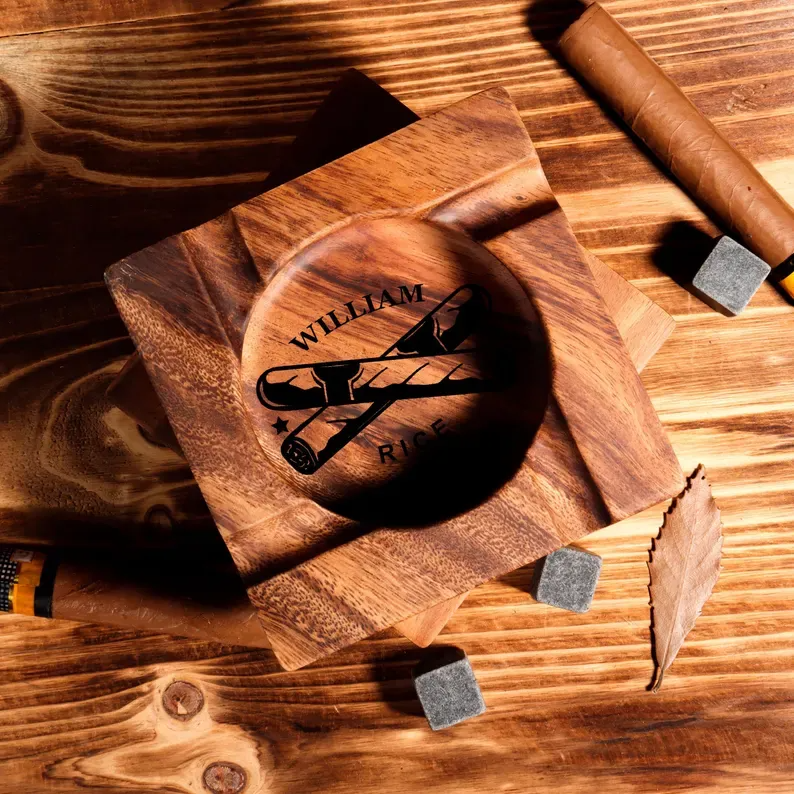 Personalized Engraved Walnut Cigar Ashtray & Holder - Custom Gift for Husband, Father, Men