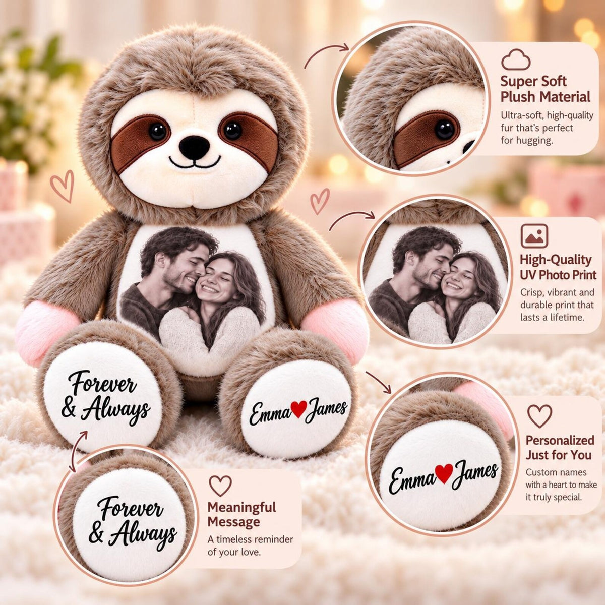 Custom Couple Memory Sloth Plush — Personalized Photo Keepsake, Romantic Gift for Her or Him, Anniversary Valentine Christmas Gift