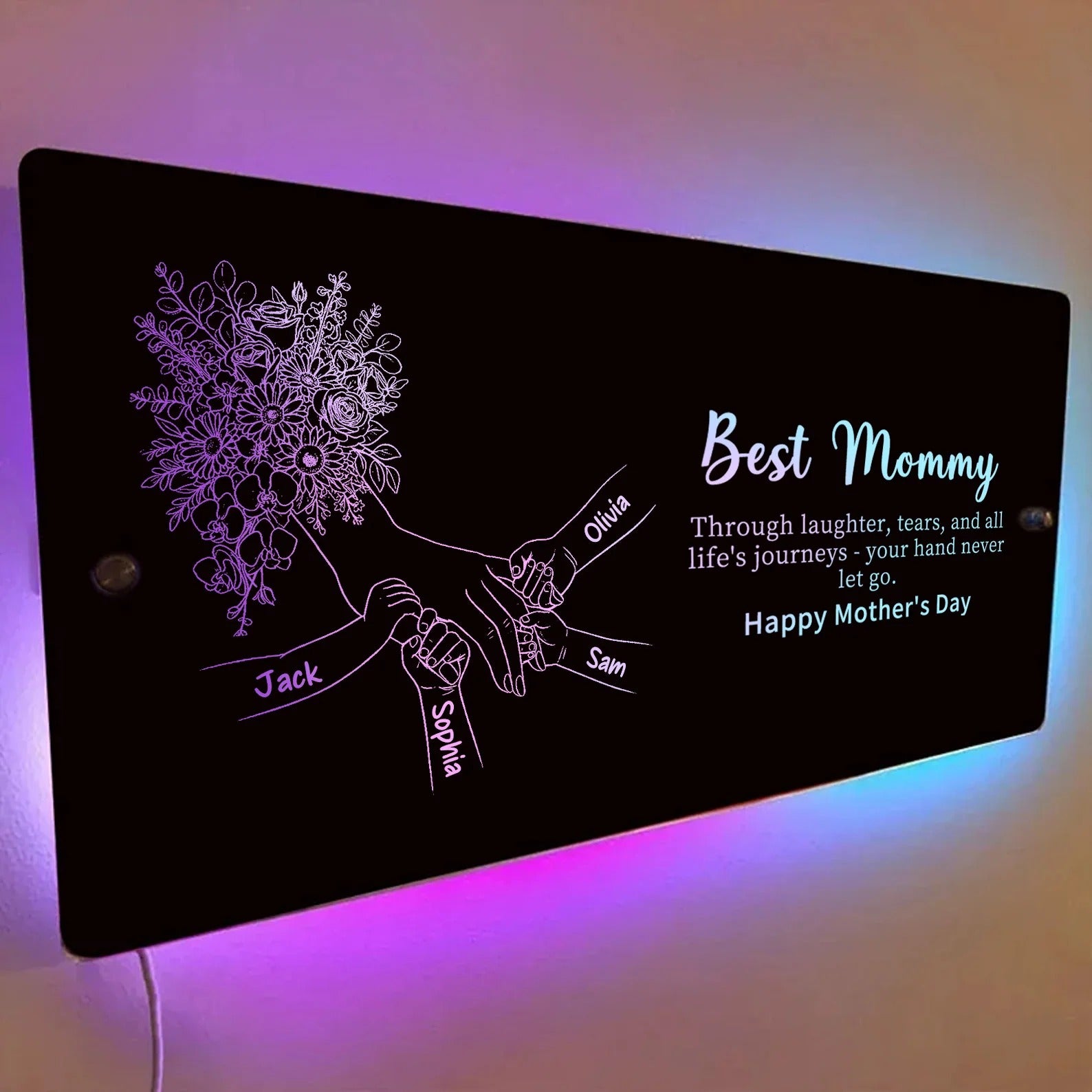 (Rose, Sunflower ＆ Orchid) Personalized Mom Holding Hands Mirror Light - Custom Mother‘s Day Gifts for Mom