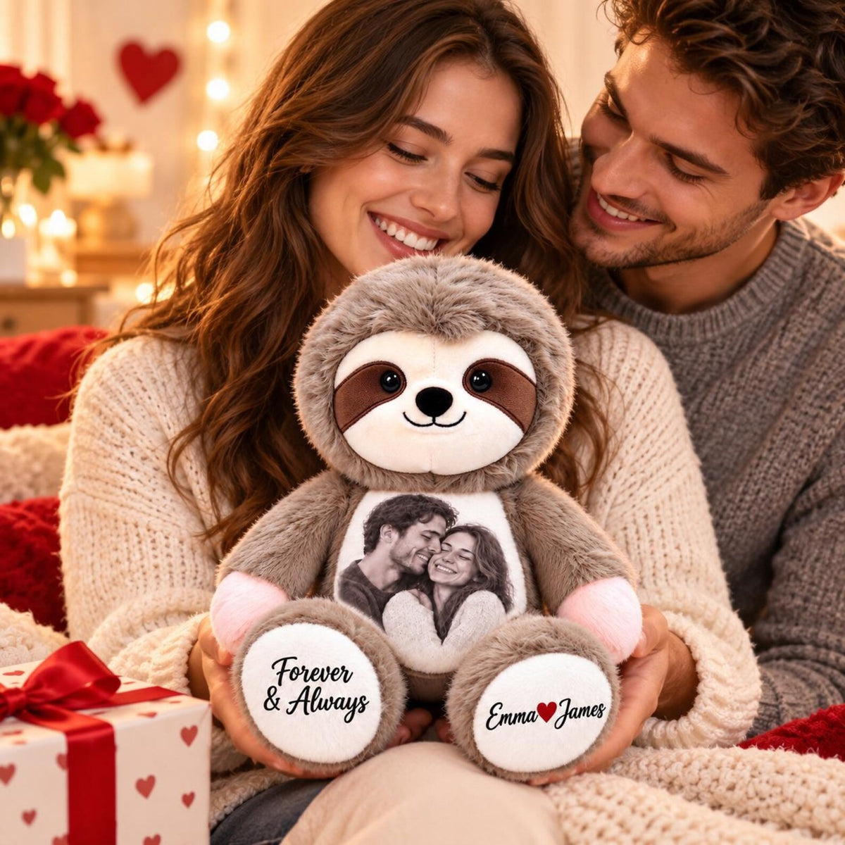 Custom Couple Memory Sloth Plush — Personalized Photo Keepsake, Romantic Gift for Her or Him, Anniversary Valentine Christmas Gift