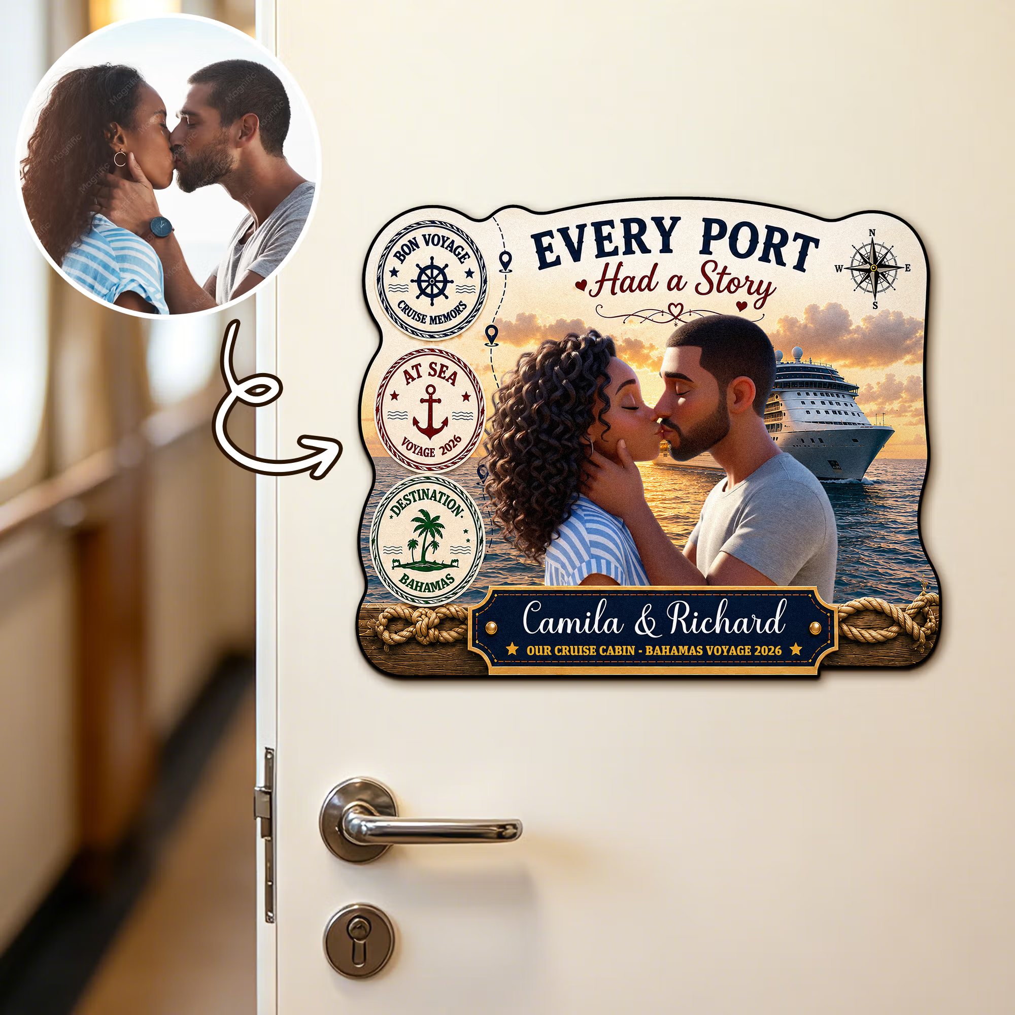Personalized Cruise Photo Door Magnet – 3D Cartoon Custom Magnet with Names & Year, Fun Home Decor for Family Reunion, Birthday Travel Gift for Couples & Families