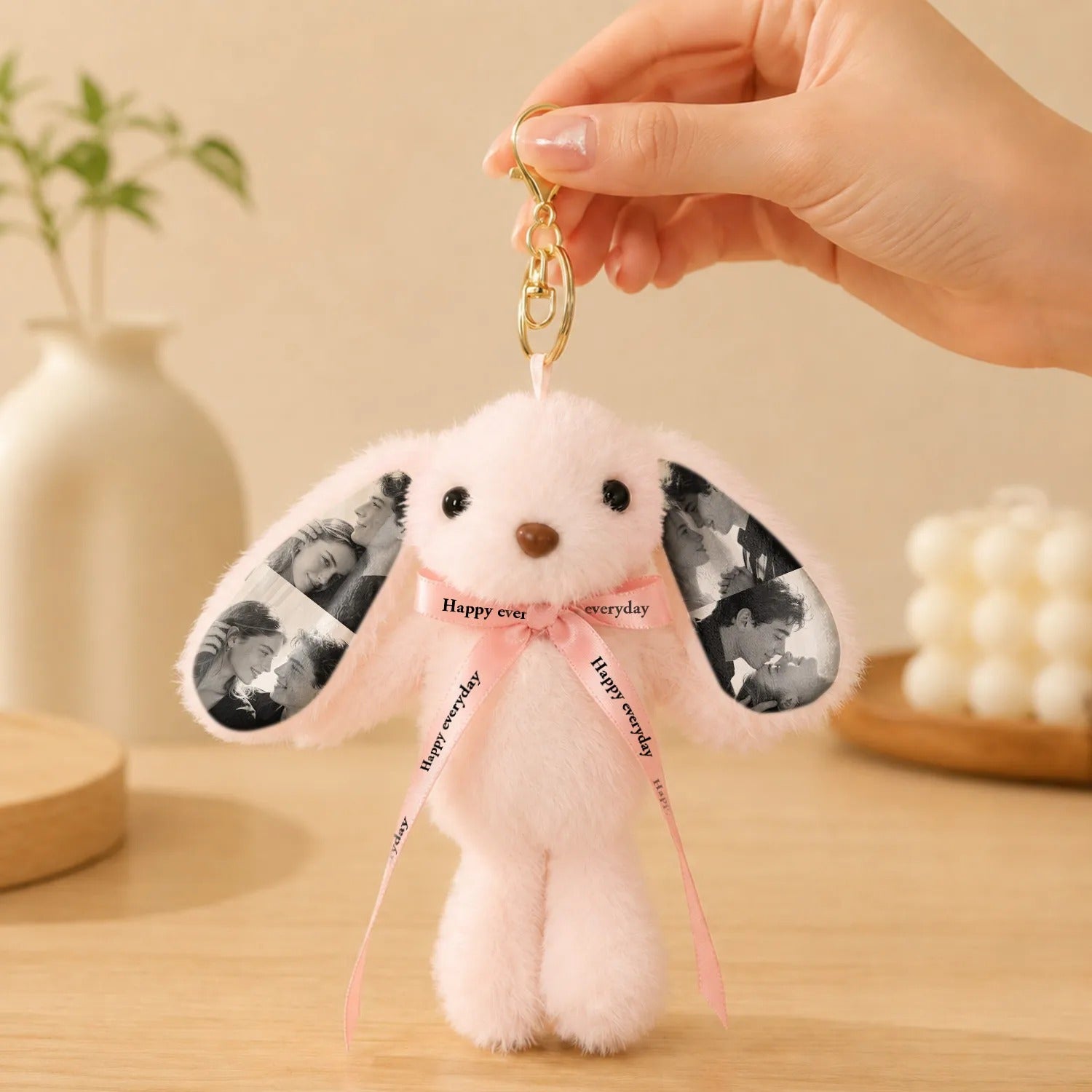 Custom Photo Bunny Plush Keychain – Personalized Cute Rabbit Bag Charm with Photo Ears & Ribbon Gift For Couples