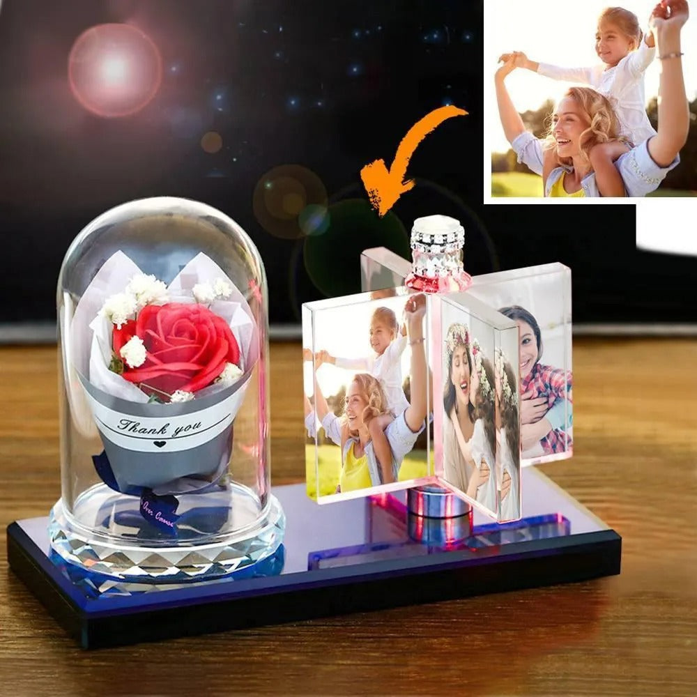 Custom Rotating Windmill Crystal Photo Frame with Faux Flower — Personalized Decor & Gift