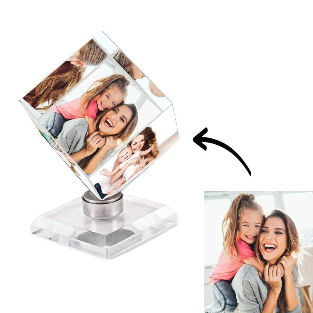Custom Crystal Photo Cube — Rotating Picture Frame Keepsake Gift