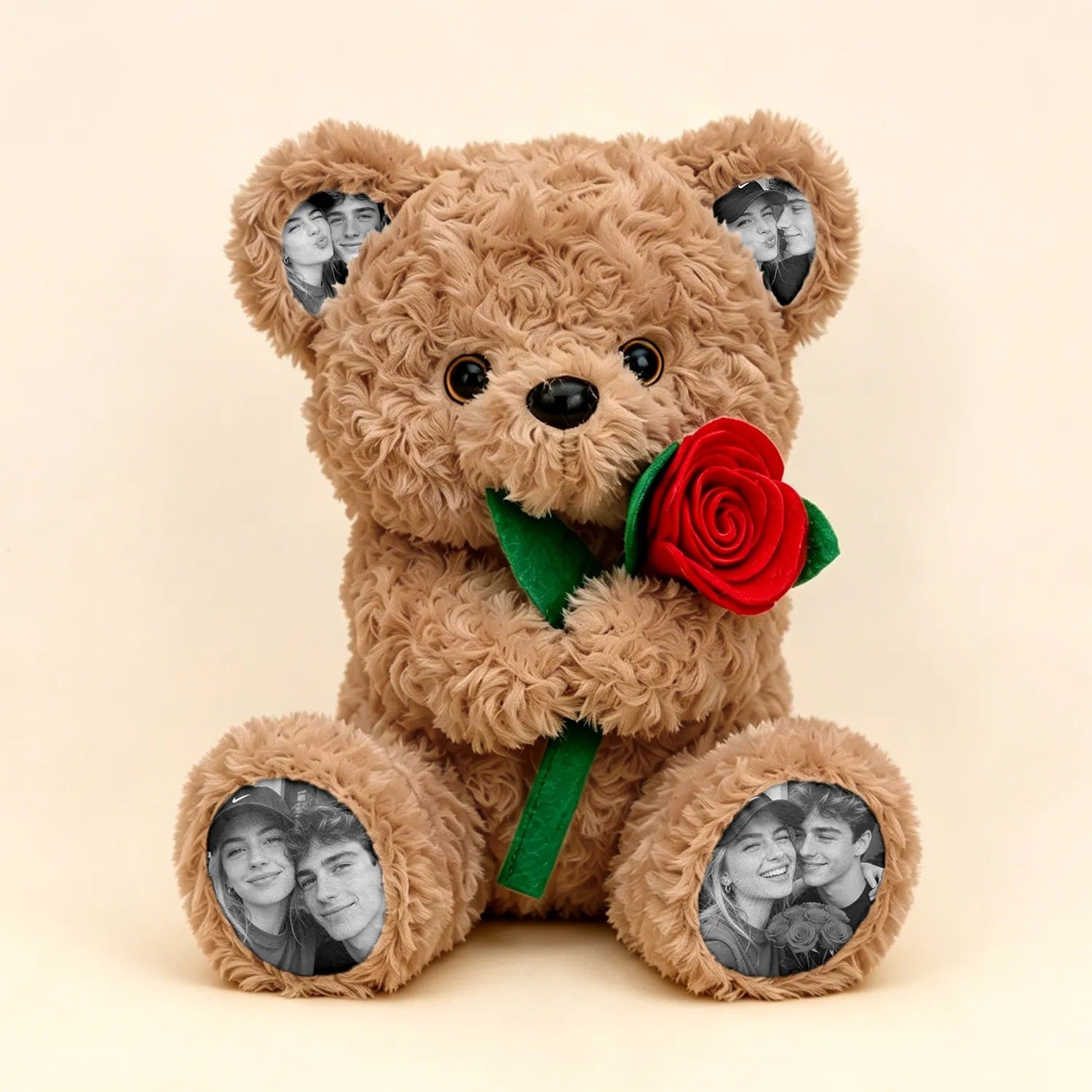 Custom Photo Teddy Bear with Rose Personalized Plush Bear with Pictures on Ears & Feet, Romantic Gift for Couple, Valentine's Day, Anniversary, Birthday