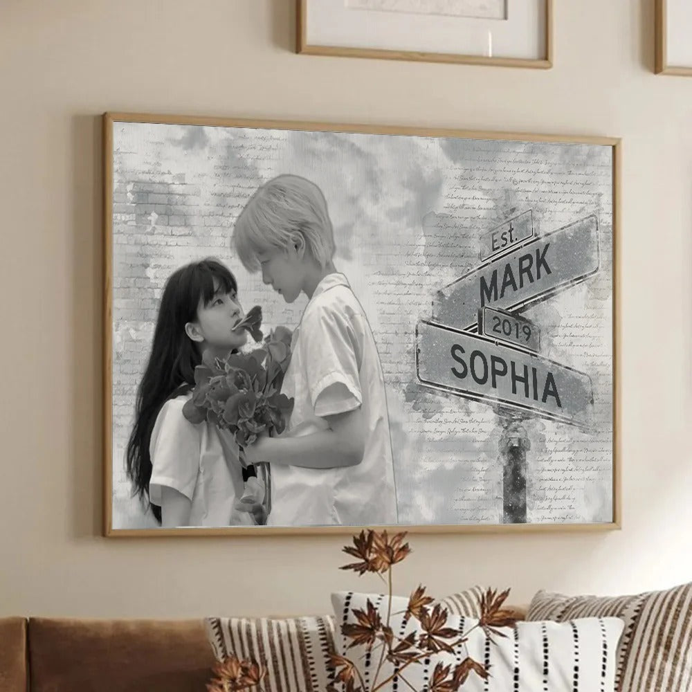 Custom Name & Date Photo Canvas Wall Art – Romantic Street Sign Style, Ideal Birthday or Anniversary Surprise for Couples
