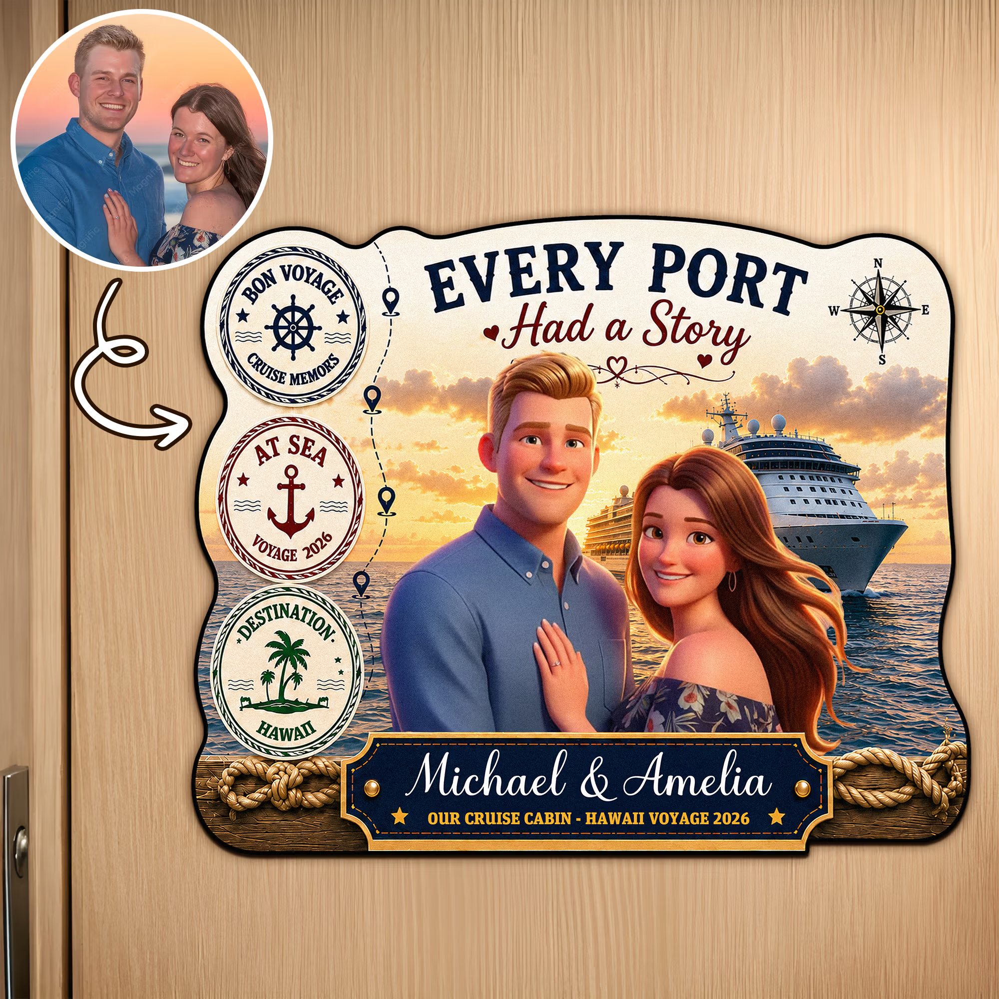 Personalized Cruise Photo Door Magnet – 3D Cartoon Custom Magnet with Names & Year, Fun Home Decor for Family Reunion, Birthday Travel Gift for Couples & Families