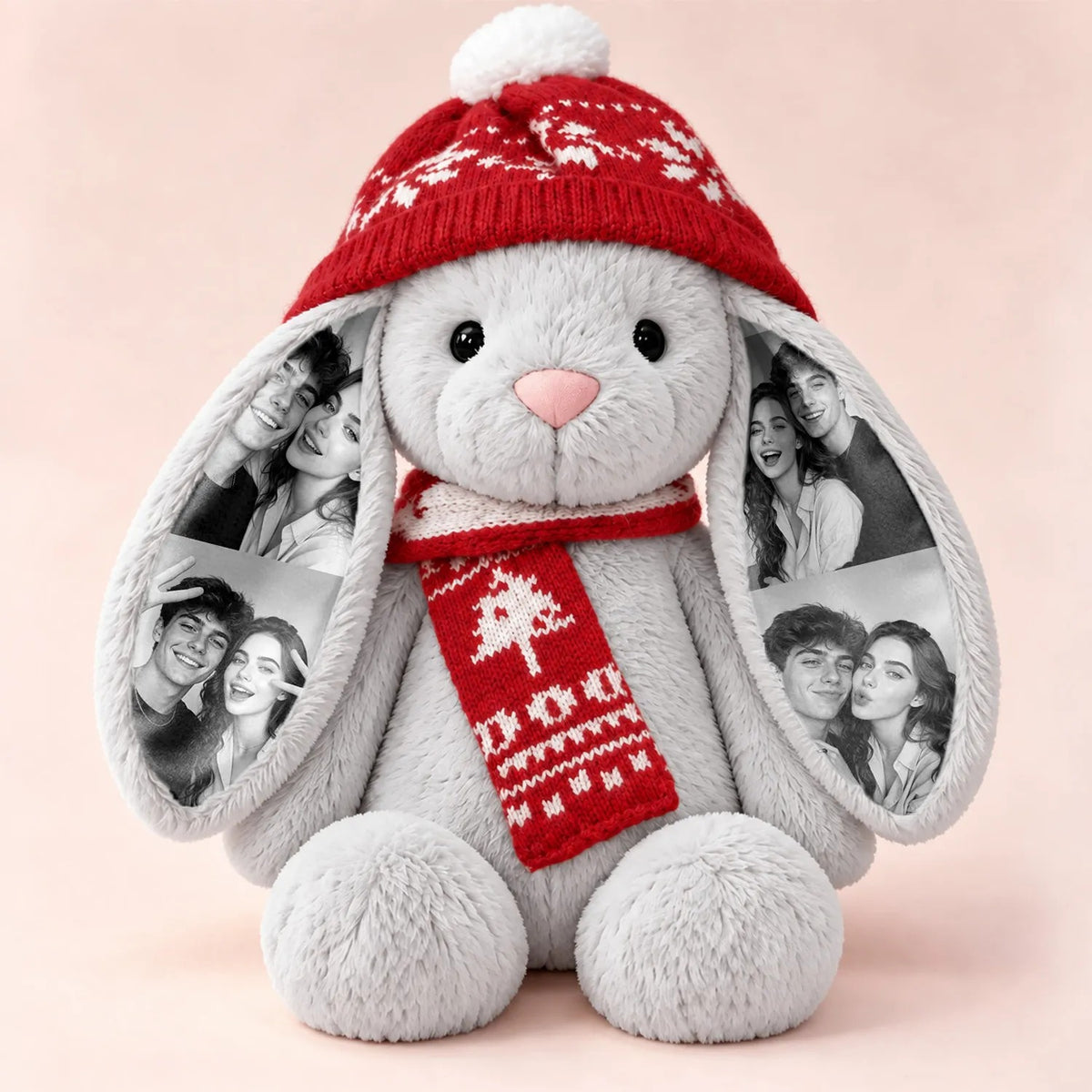 Custom Long-Ear Bunny Plush Doll with Christmas Snowflake Beanie Hat & Tree Scarf