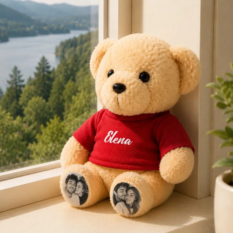 Custom Plush Teddy Bear with Custom Photo Feet & Name Shirt – Cute Custom Plush Gift for Couples, Kids & Loved Ones