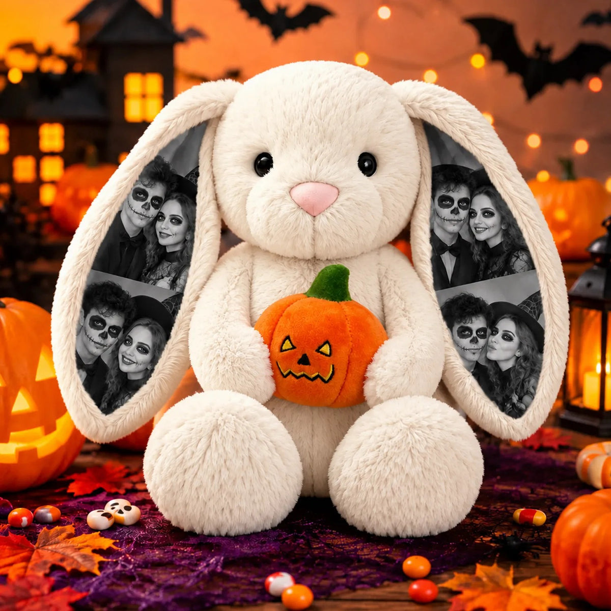 Custom Photo Halloween Plush Bunny — Personalized Rabbit Stuffed Toy with Pumpkin & Witch Hat, Spooky Couple & Kids Gift