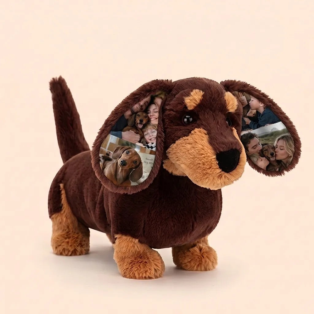 Custom Photo Dachshund Stuffed Animal — Personalized Sausage Dog Plush with Ear Picture, Cute Gift for Dog Moms, Girlfriend & Kids