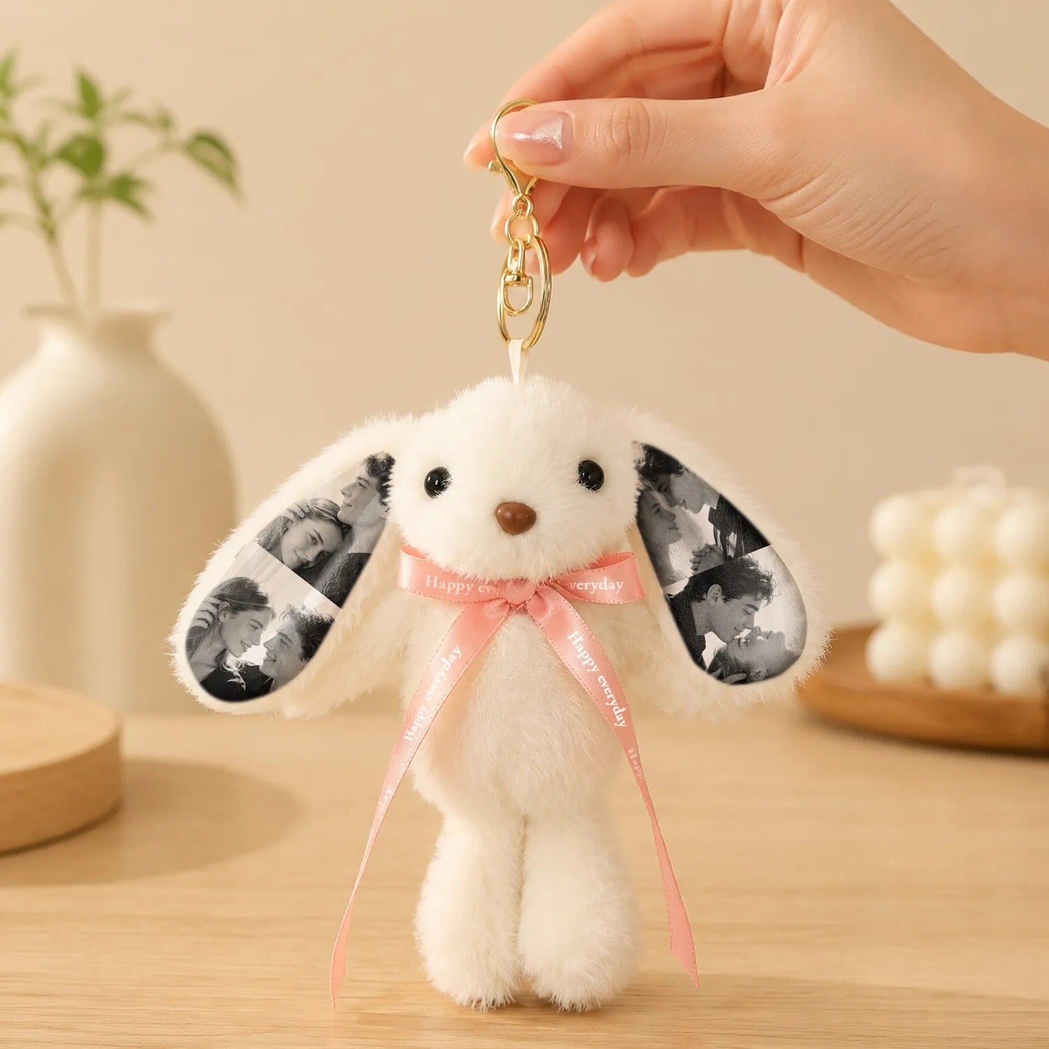 Custom Photo Bunny Plush Keychain – Personalized Cute Rabbit Bag Charm with Photo Ears & Ribbon Gift For Couples
