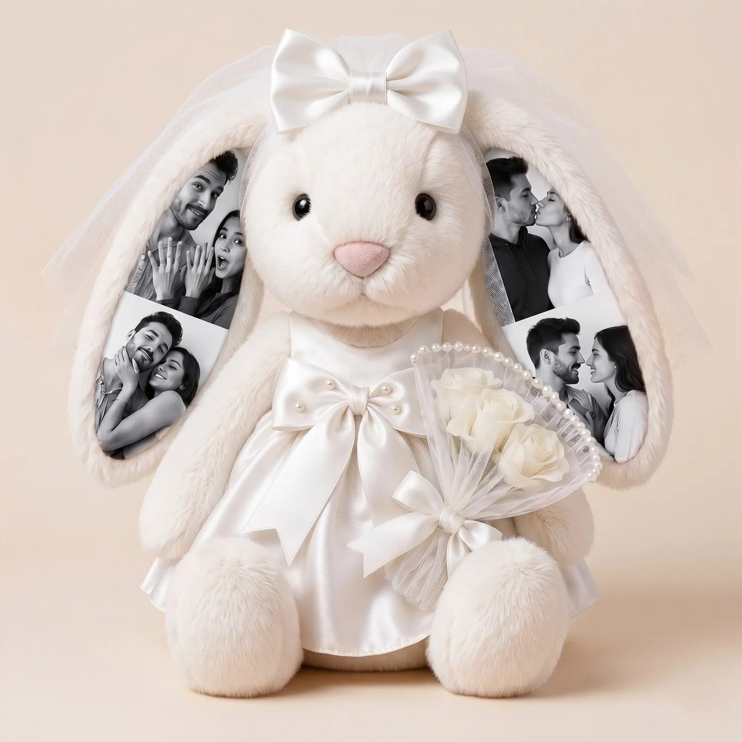 Custom Photo Wedding Bunny Plush Personalized Bride & Groom Bunny Stuffed Animal, Anniversary Wedding Gift for Couples