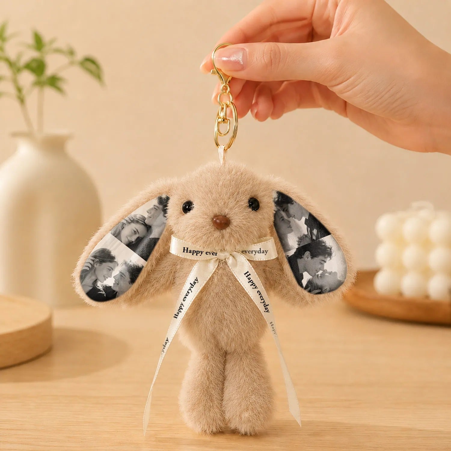 Custom Photo Bunny Plush Keychain – Personalized Cute Rabbit Bag Charm with Photo Ears & Ribbon Gift For Couples