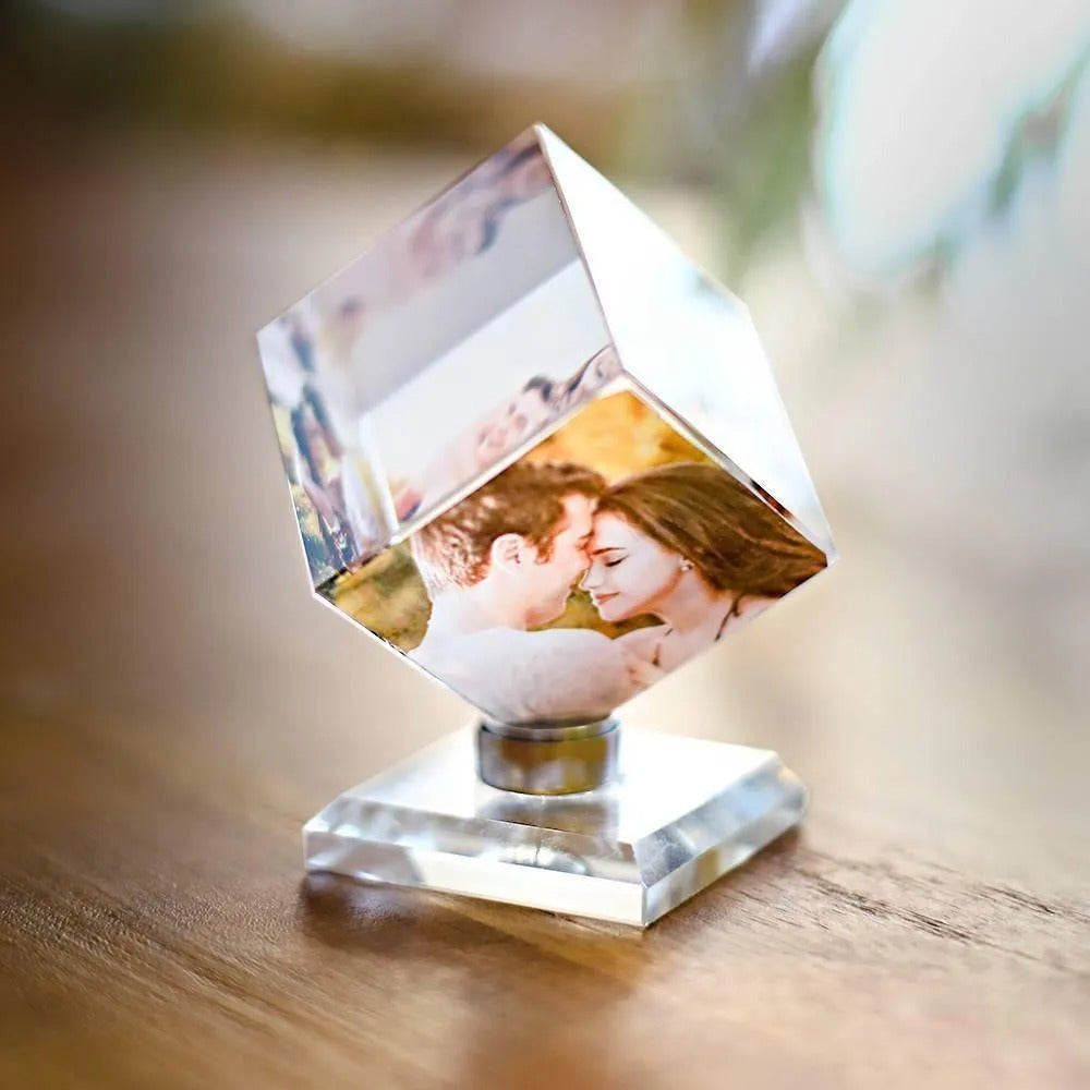 Custom Crystal Photo Cube — Rotating Picture Frame Keepsake Gift