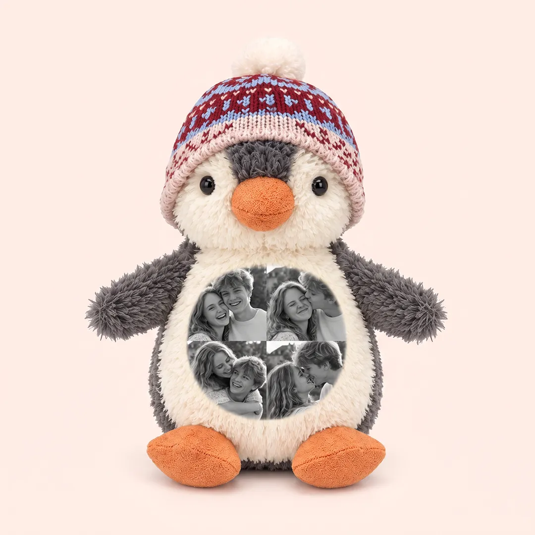 Custom Photo Penguin Plush — Personalized Stuffed Toy with Belly Photo, Memory Gift for Couples & Kids