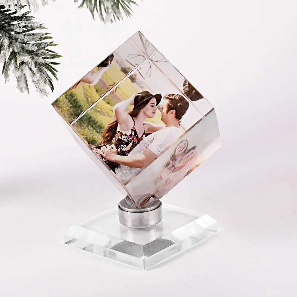 Custom Crystal Photo Cube — Rotating Picture Frame Keepsake Gift