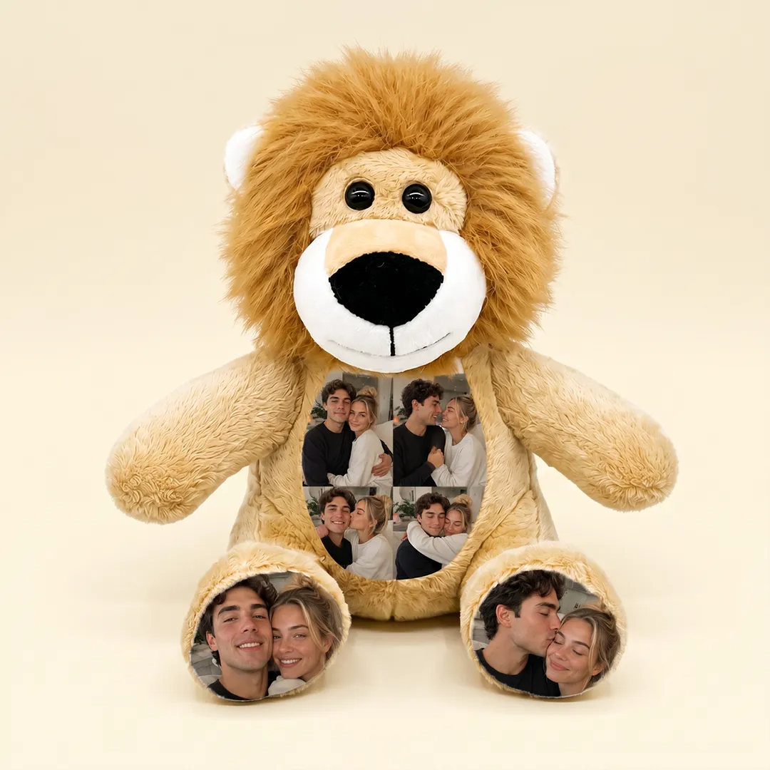 Custom Photo Lion Plush — Personalized Stuffed Animal with Name & Date, Picture Collage Anniversary Gift for Couples