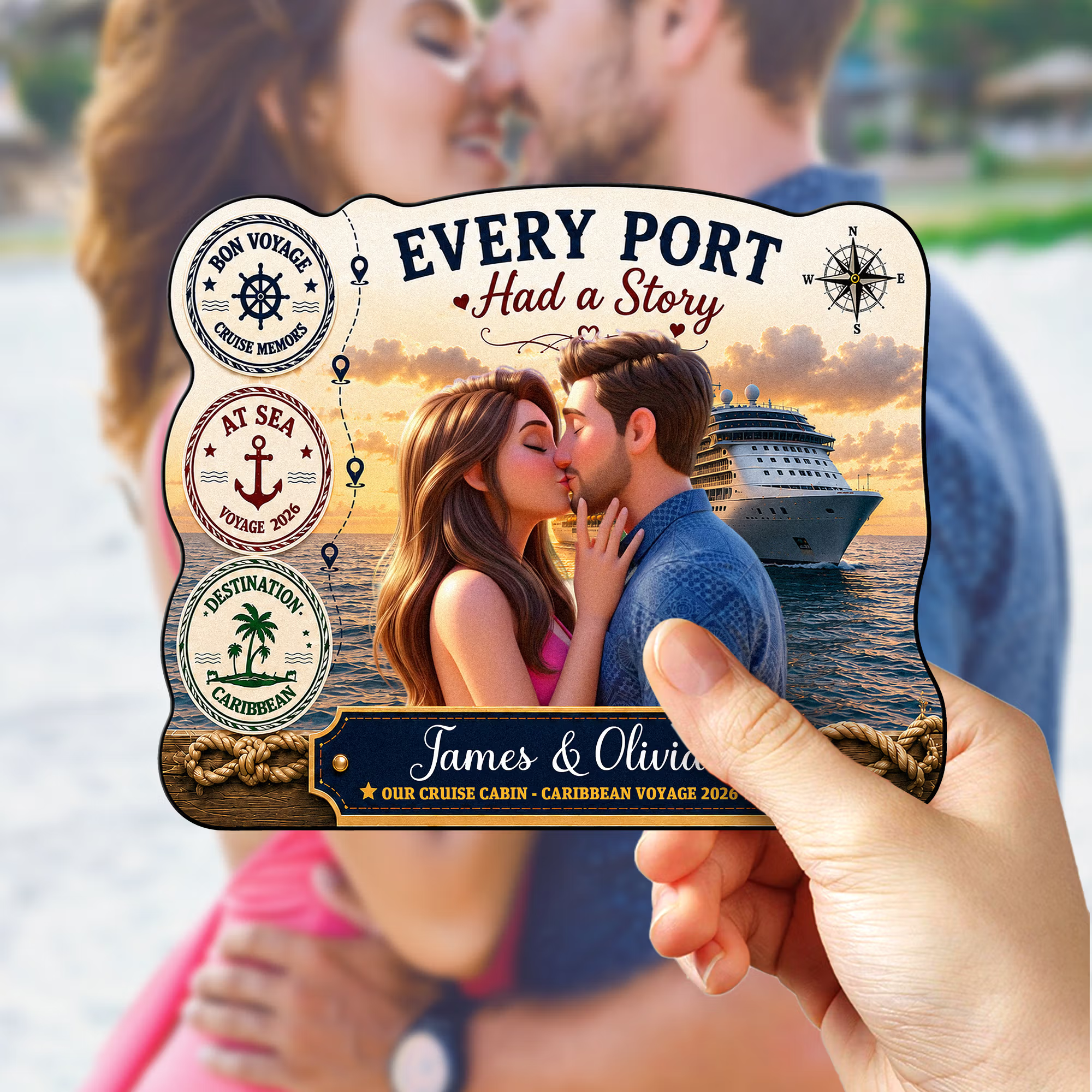 Personalized Cruise Photo Door Magnet – 3D Cartoon Custom Magnet with Names & Year, Fun Home Decor for Family Reunion, Birthday Travel Gift for Couples & Families