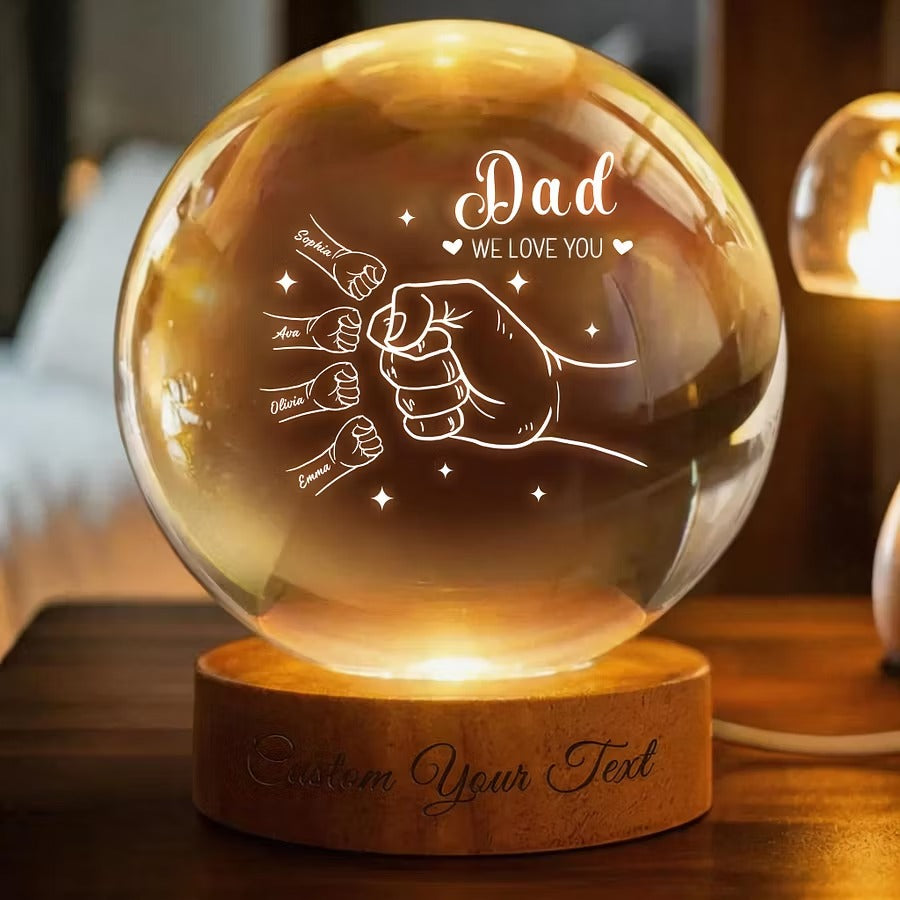 Custom 3D Engraved Fist Bump Crystal Ball Lamp | Custom Fatherhood Wood Base LED Light Gift for Dad