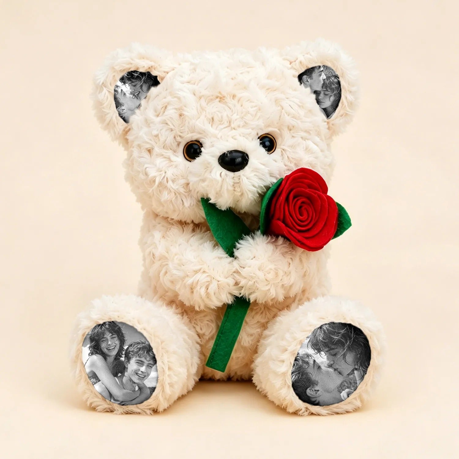 Custom Photo Teddy Bear with Rose Personalized Plush Bear with Pictures on Ears & Feet, Romantic Gift for Couple, Valentine's Day, Anniversary, Birthday
