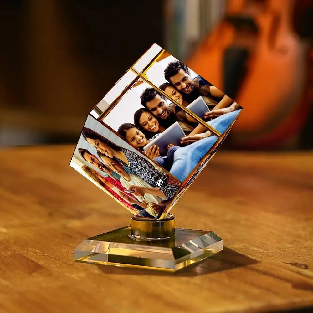 Custom Crystal Photo Cube — Rotating Picture Frame Keepsake Gift