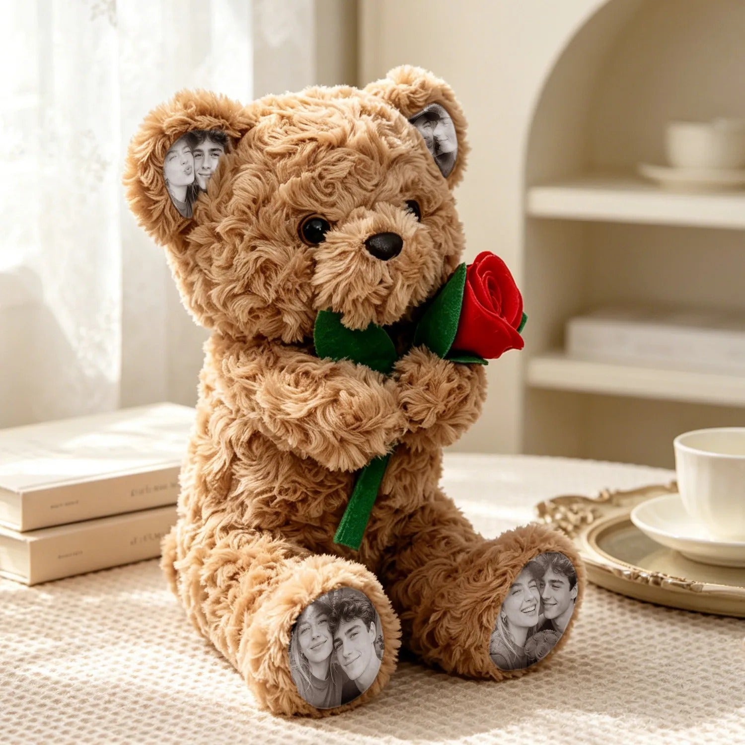 Custom Photo Teddy Bear with Rose Personalized Plush Bear with Pictures on Ears & Feet, Romantic Gift for Couple, Valentine's Day, Anniversary, Birthday