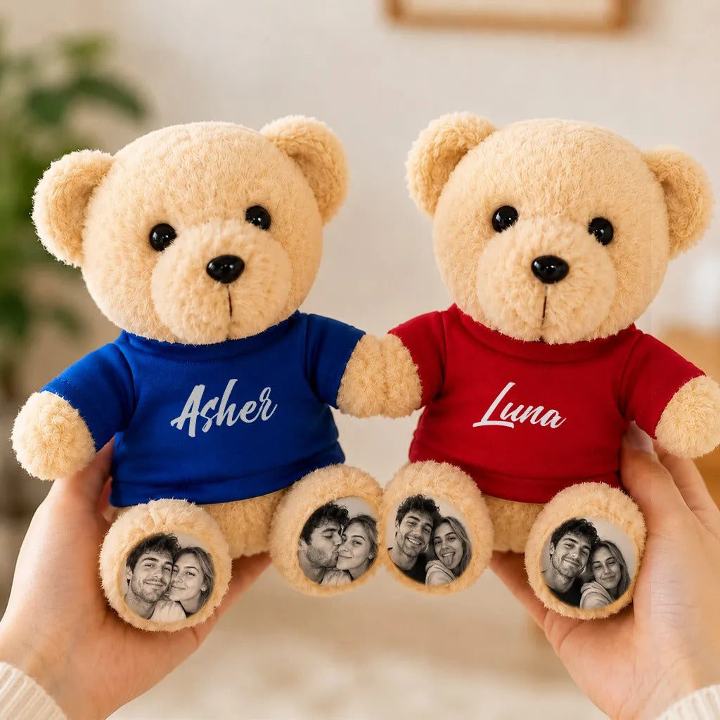 Custom Plush Teddy Bear with Custom Photo Feet & Name Shirt – Cute Custom Plush Gift for Couples, Kids & Loved Ones