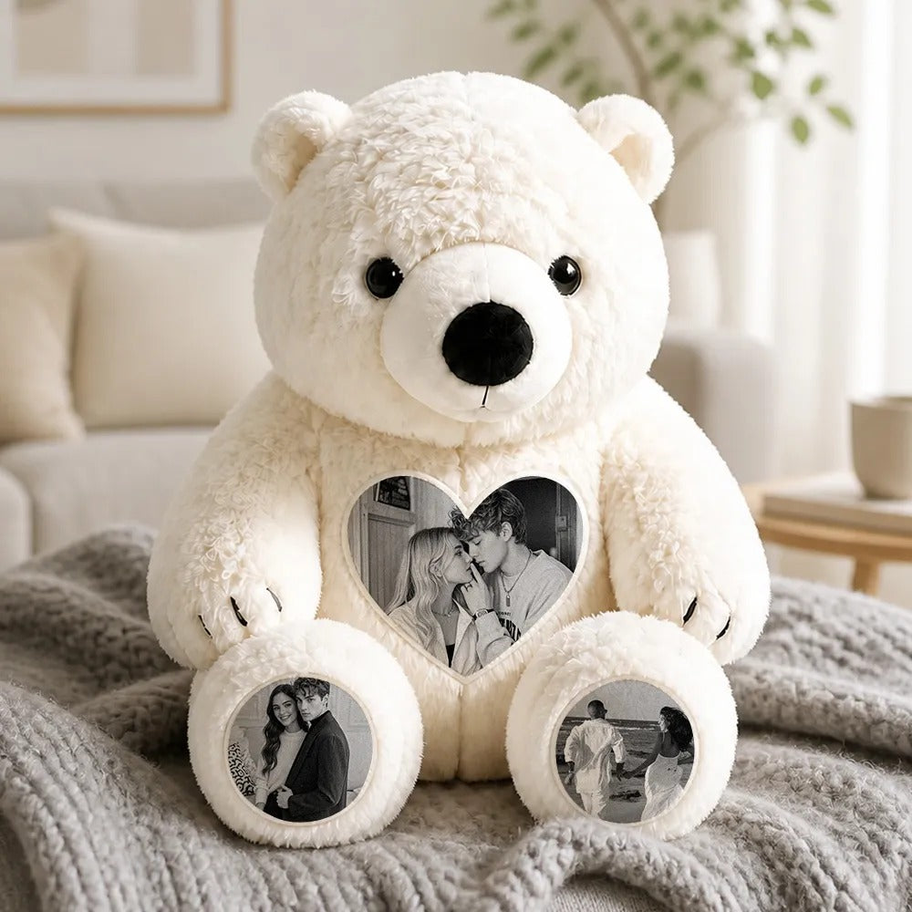 Custom Heart Photo Plush Polar Bear with Foot Picture — Personalized Anniversary Gift for Couples