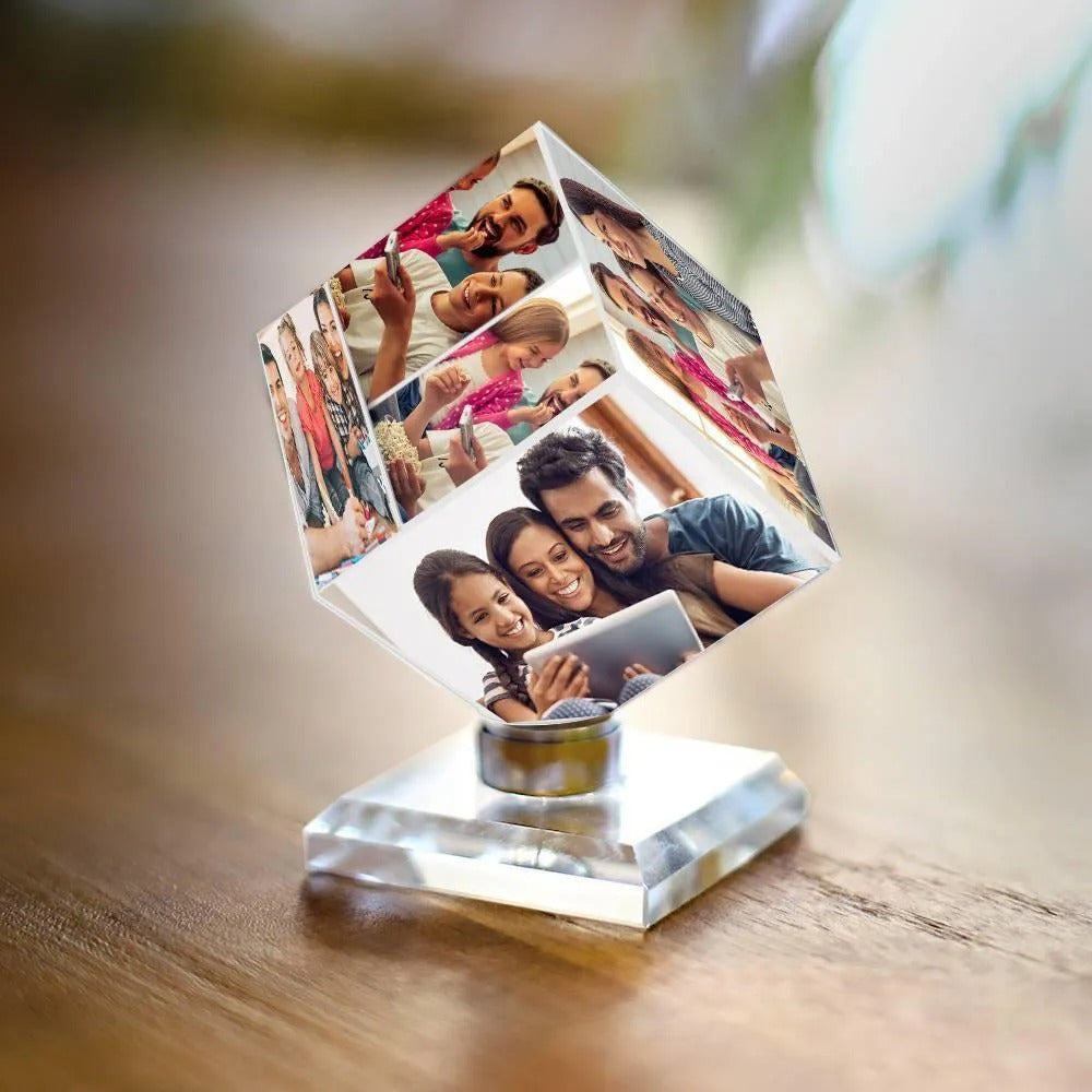 Custom Crystal Photo Cube — Rotating Picture Frame Keepsake Gift