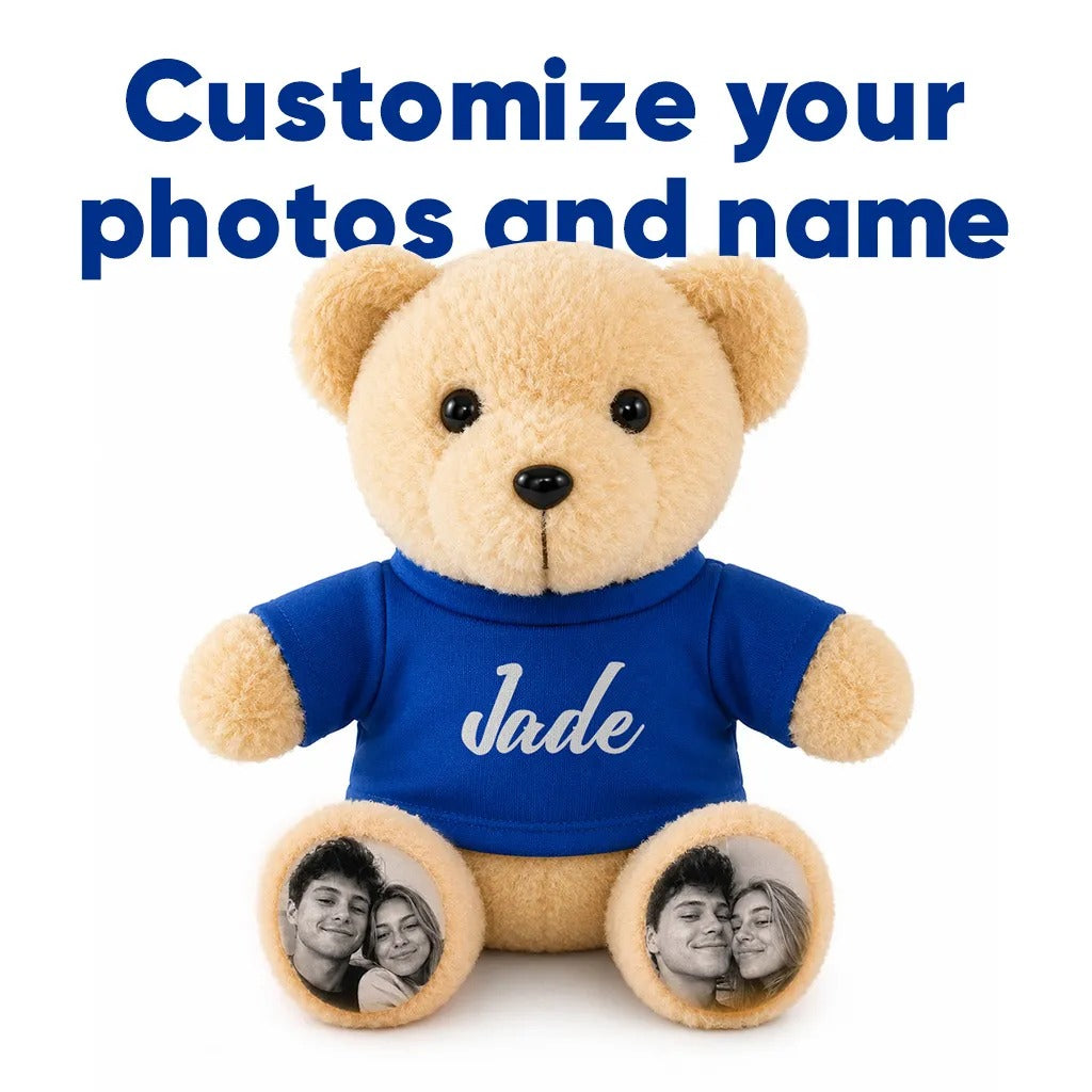 Custom Plush Teddy Bear with Custom Photo Feet & Name Shirt – Cute Custom Plush Gift for Couples, Kids & Loved Ones