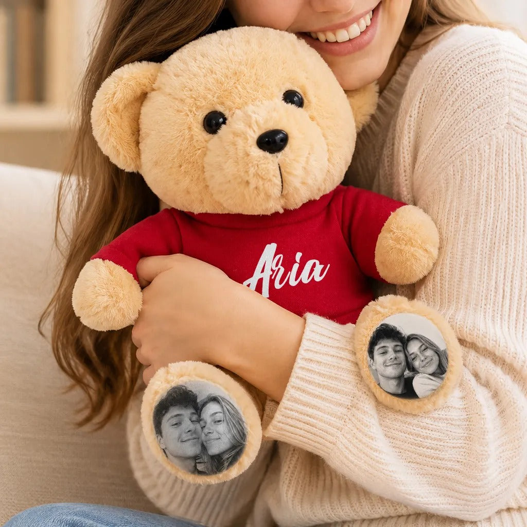 Custom Plush Teddy Bear with Custom Photo Feet & Name Shirt – Cute Custom Plush Gift for Couples, Kids & Loved Ones