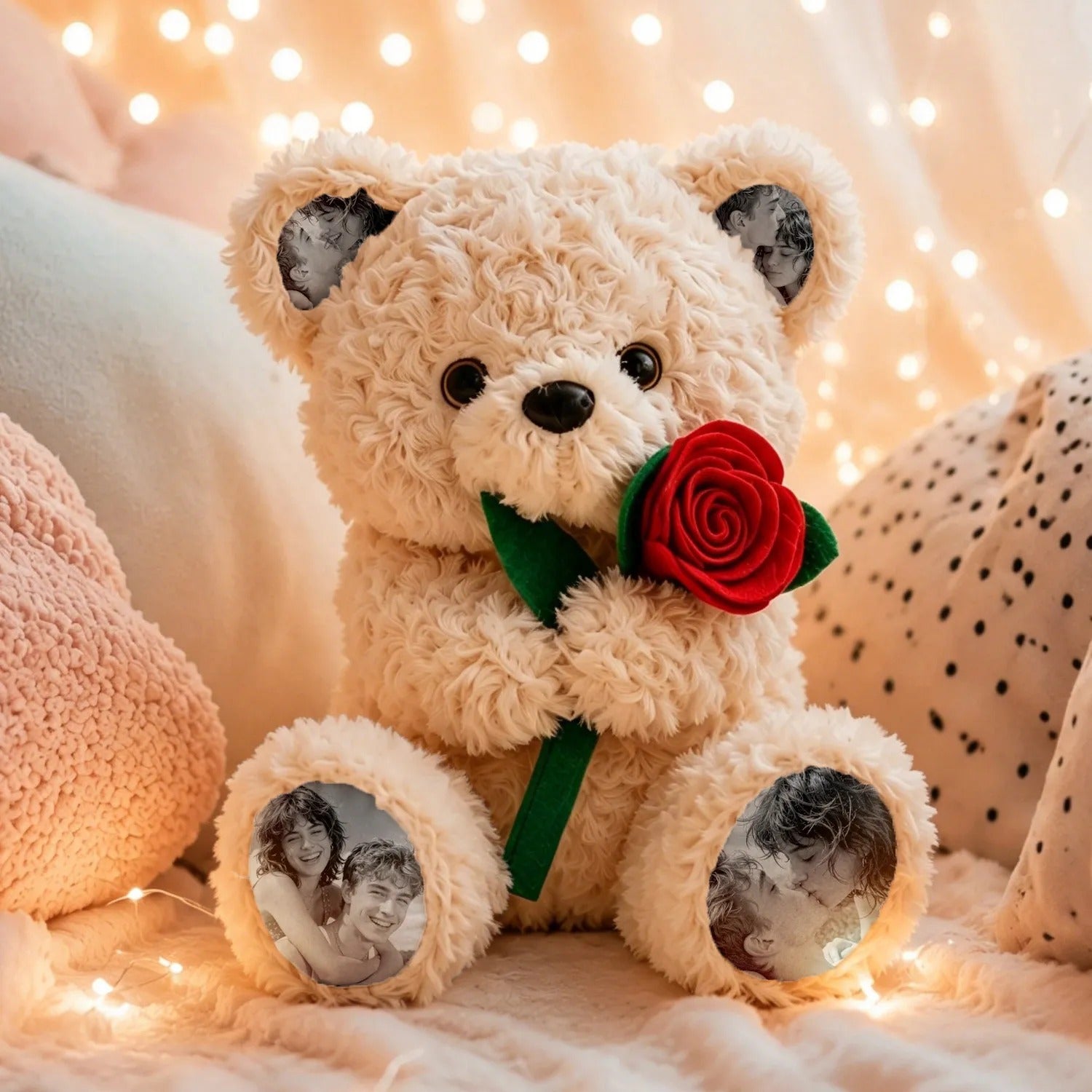 Custom Photo Teddy Bear with Rose Personalized Plush Bear with Pictures on Ears & Feet, Romantic Gift for Couple, Valentine's Day, Anniversary, Birthday