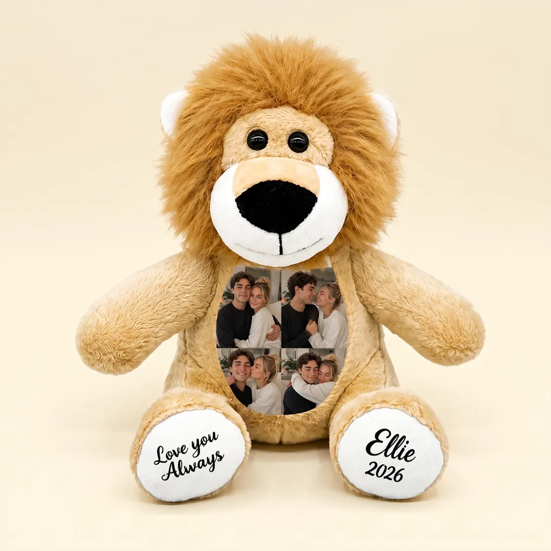 Custom Photo Lion Plush — Personalized Stuffed Animal with Name & Date, Picture Collage Anniversary Gift for Couples