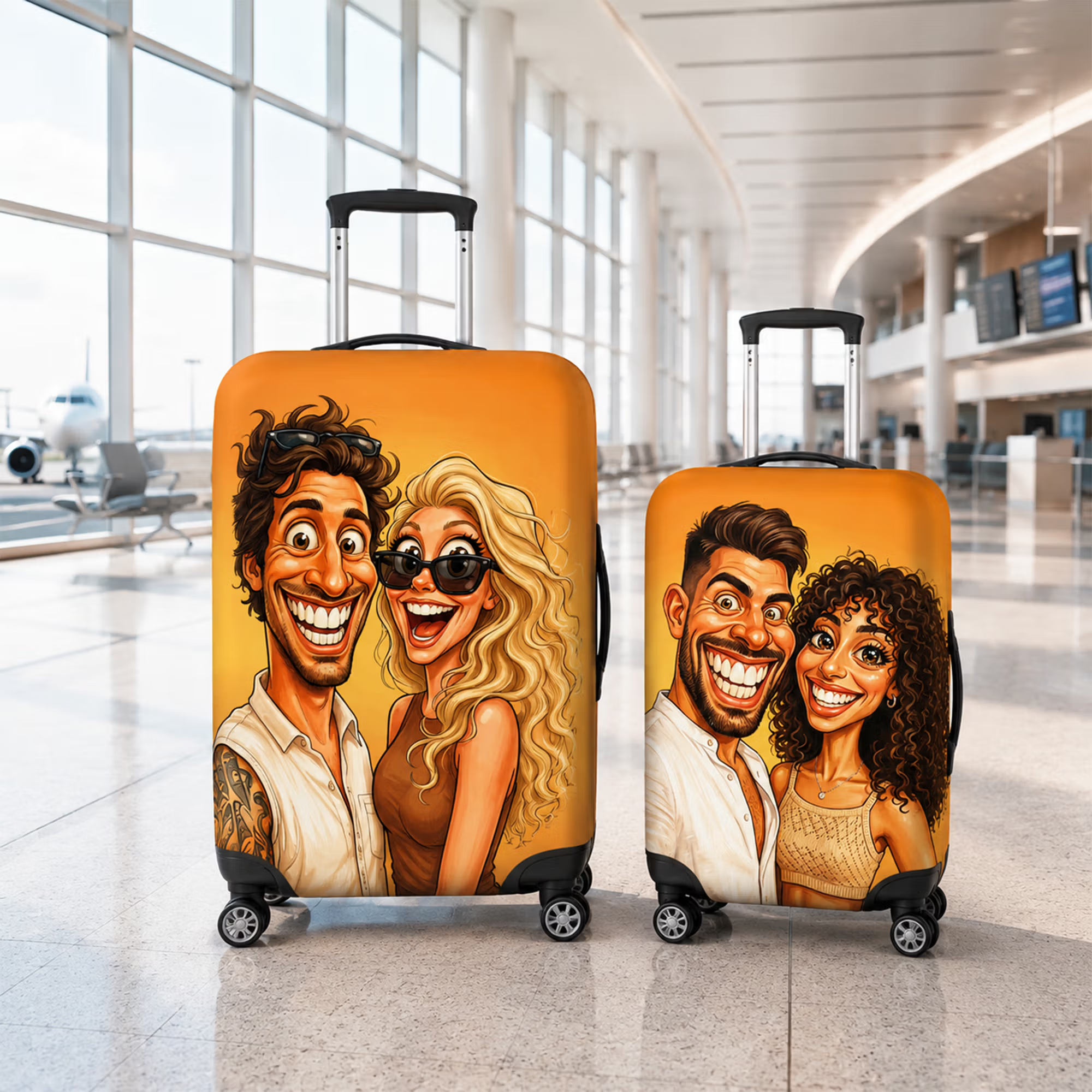 Personalized Comic Photo Suitcase Cover & Luggage Tag Set, Fits 18-32 Inch Suitcases-Unique Retro Cartoon Gift for Travel Lovers, Couples, Family.