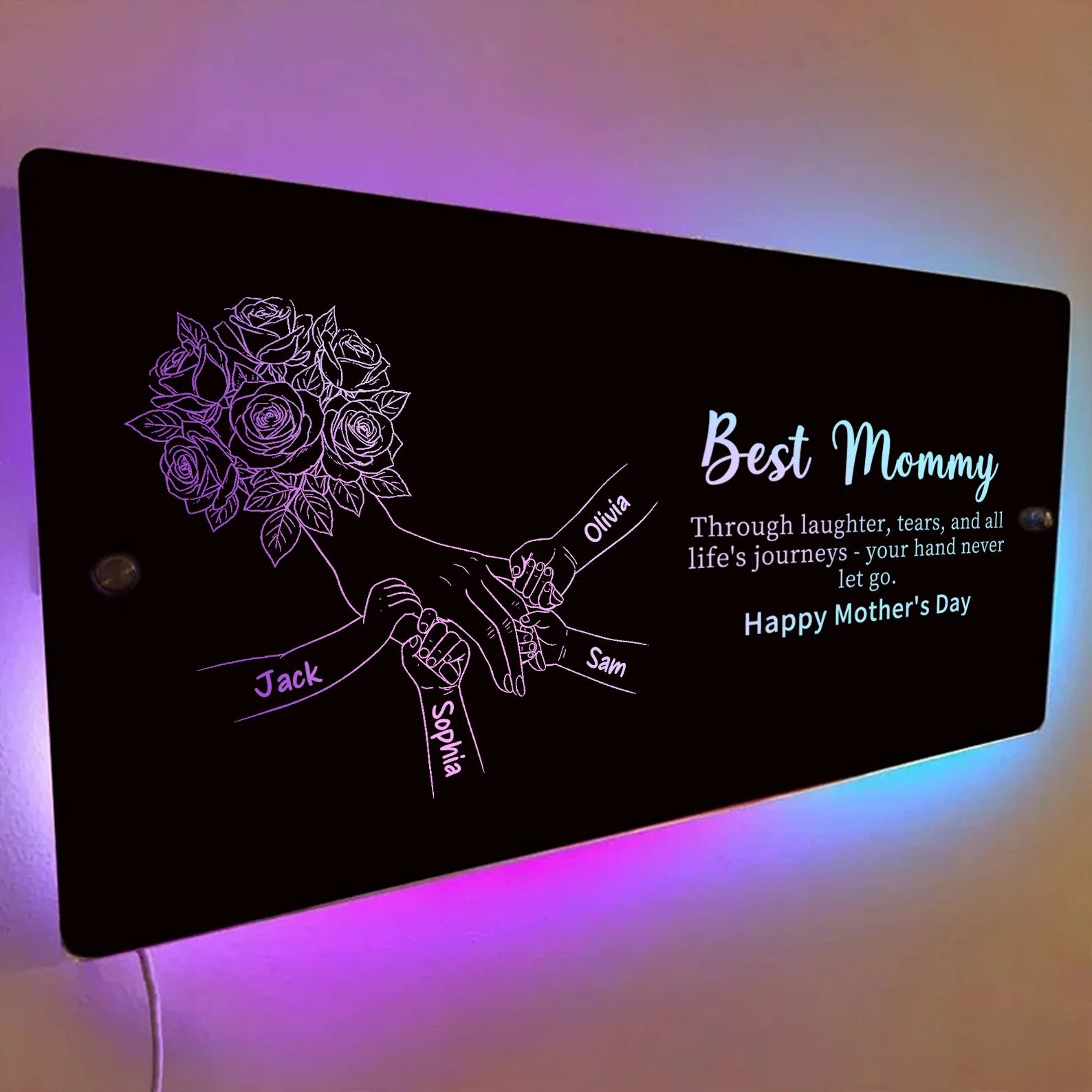 (Rose) Personalized Mom Holding Hands Mirror Light - Custom Mother‘s Day Gifts for Mom