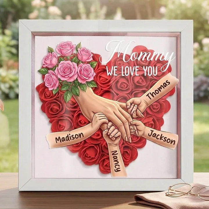 Pink Roses Personalized Mom Holding Hands Shadow Box – Custom Name Remembrance Frame, Mother’s Day In Loving Memory Gift