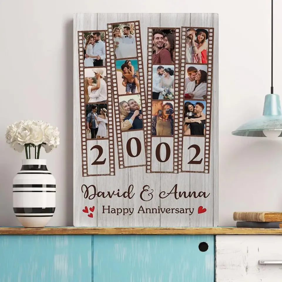 Our Love Story on Film – Custom Photo Collage Canvas Poster with Multiple Pictures, Personalized Anniversary Keepsake for Couples, Vintage Movie Strip Wall Decor