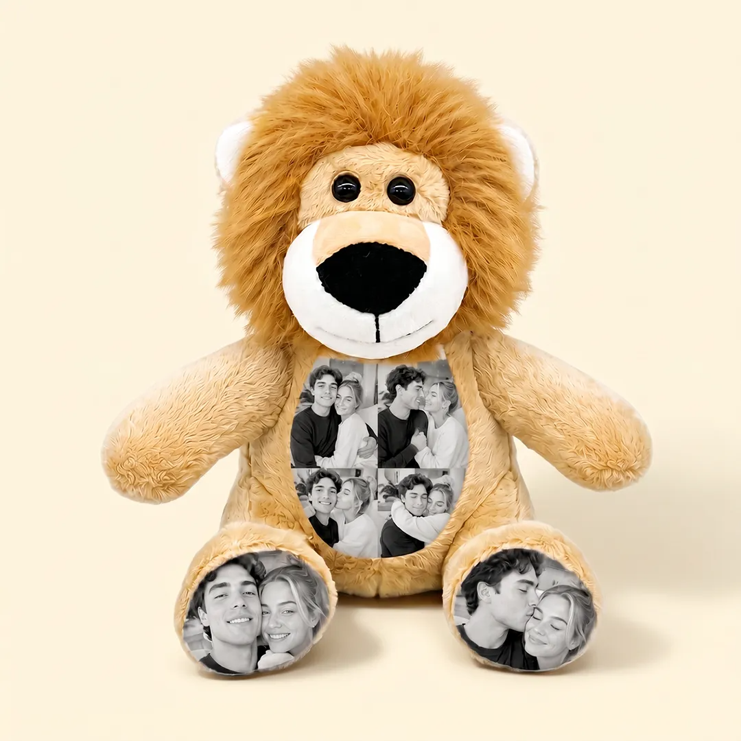 Custom Photo Lion Plush — Personalized Stuffed Animal with Name & Date, Picture Collage Anniversary Gift for Couples