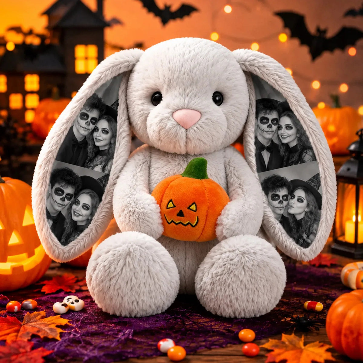 Custom Photo Halloween Plush Bunny — Personalized Rabbit Stuffed Toy with Pumpkin & Witch Hat, Spooky Couple & Kids Gift