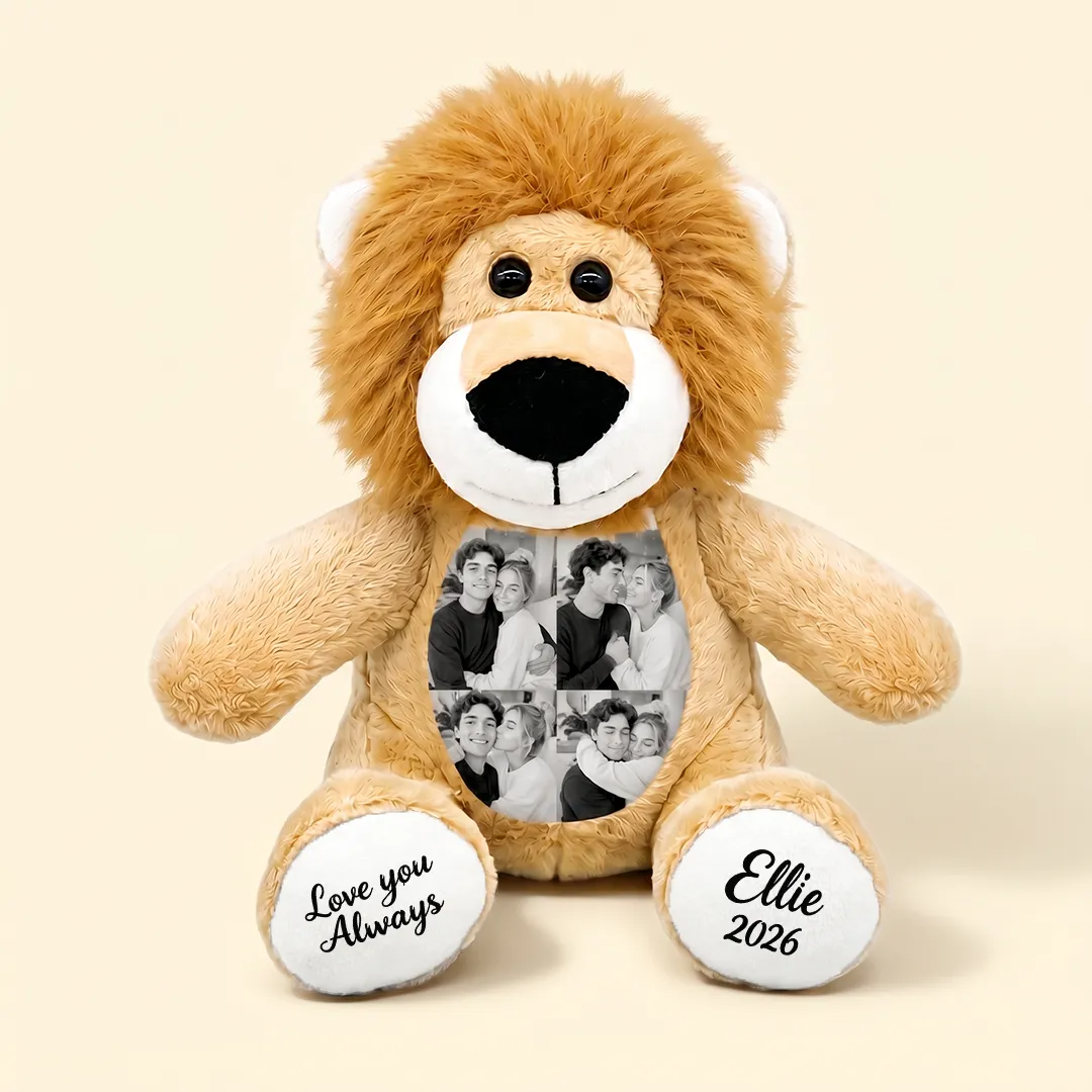 Custom Photo Lion Plush — Personalized Stuffed Animal with Name & Date, Picture Collage Anniversary Gift for Couples