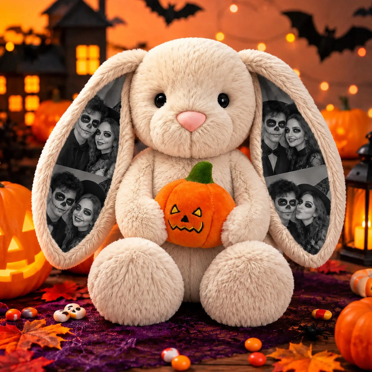 Custom Photo Halloween Plush Bunny — Personalized Rabbit Stuffed Toy with Pumpkin & Witch Hat, Spooky Couple & Kids Gift