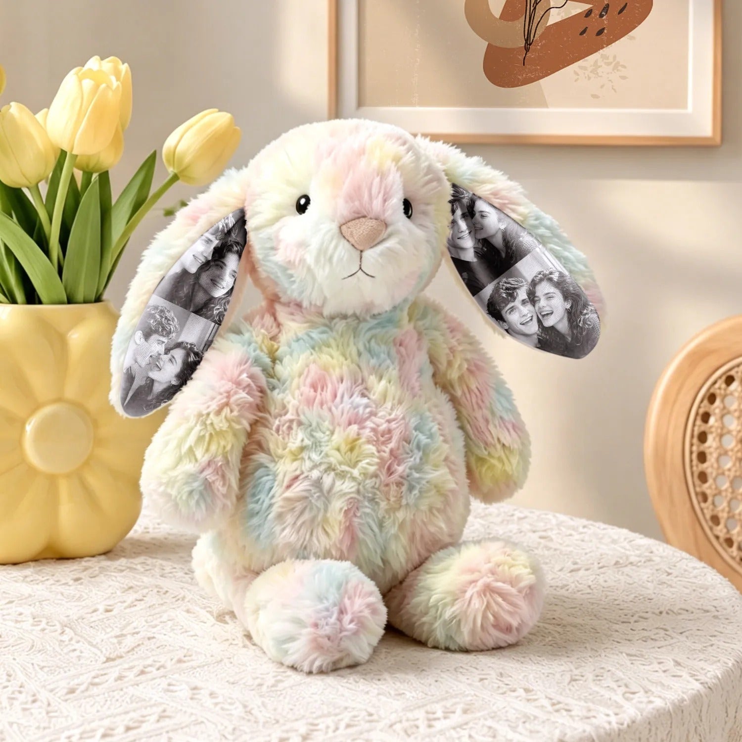 Custom Photo Rainbow Bunny Stuffed Animal – Personalized Plush Toy with Photo Ears, Perfect Couples Anniversary Gift