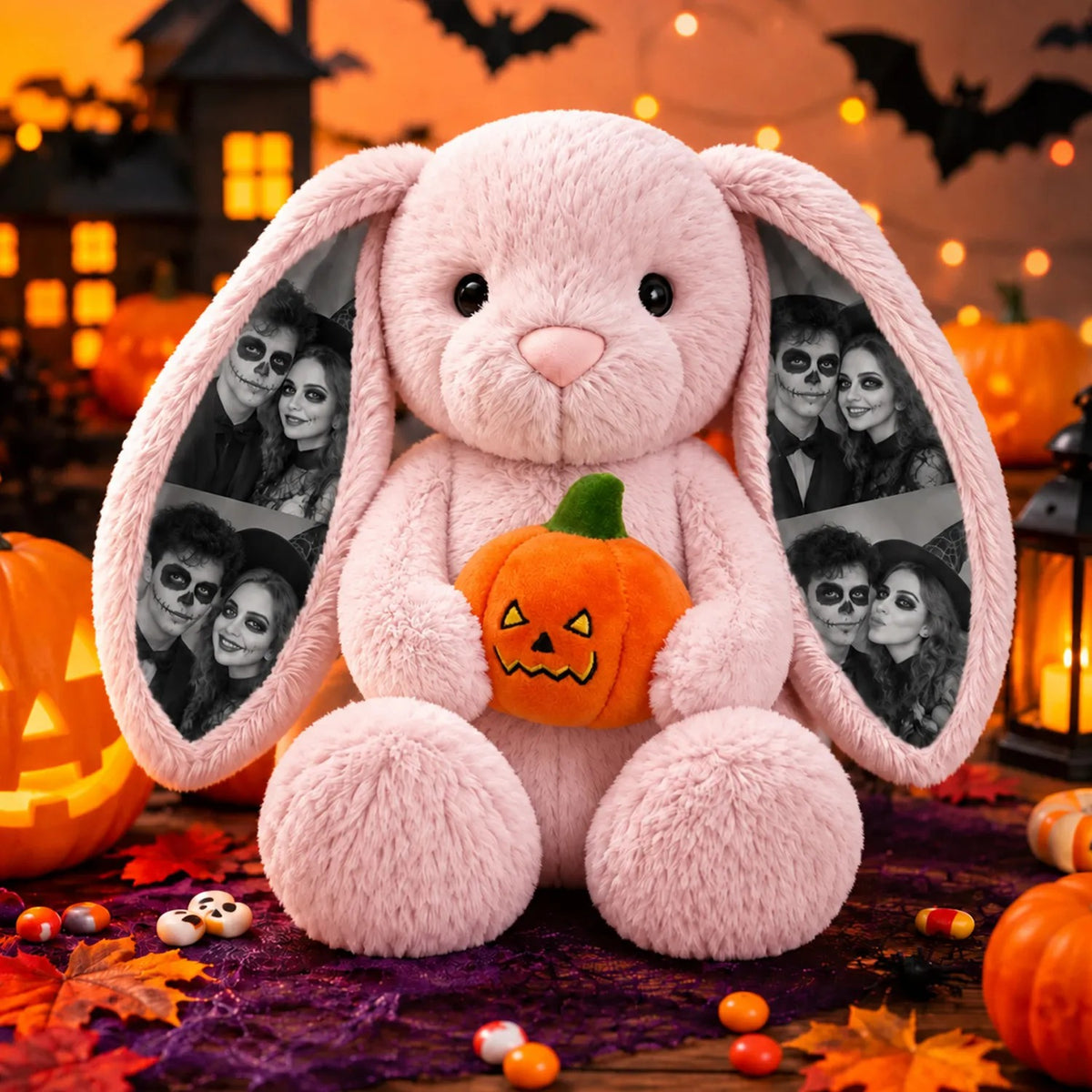 Custom Photo Halloween Plush Bunny — Personalized Rabbit Stuffed Toy with Pumpkin & Witch Hat, Spooky Couple & Kids Gift