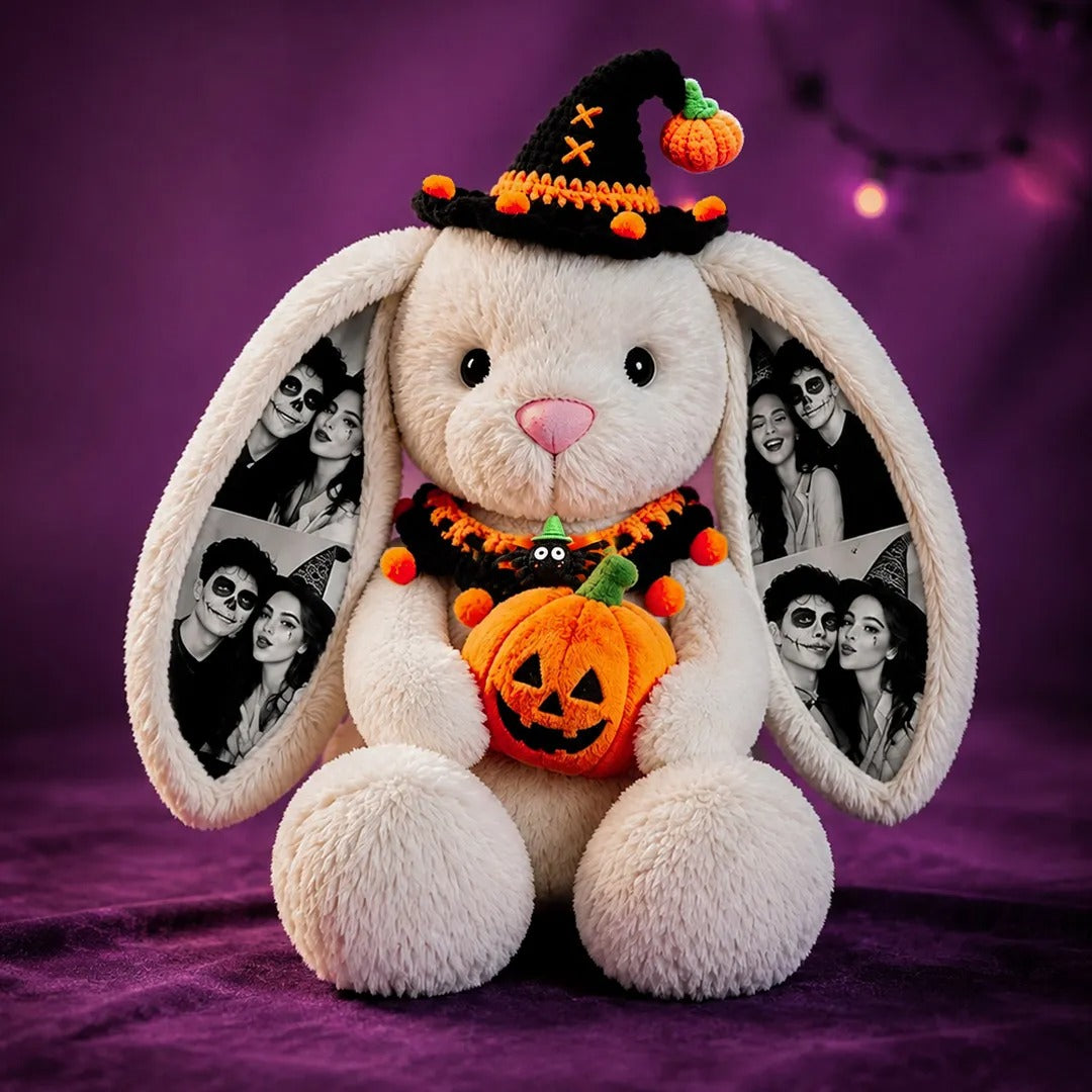 Custom Photo Halloween Plush Bunny — Personalized Rabbit Stuffed Toy with Pumpkin & Witch Hat, Spooky Couple & Kids Gift