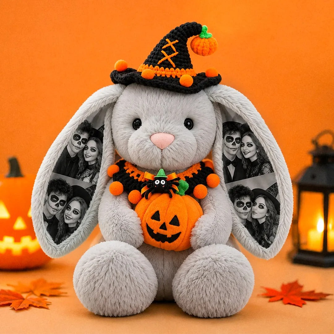 Custom Photo Halloween Plush Bunny — Personalized Rabbit Stuffed Toy with Pumpkin & Witch Hat, Spooky Couple & Kids Gift