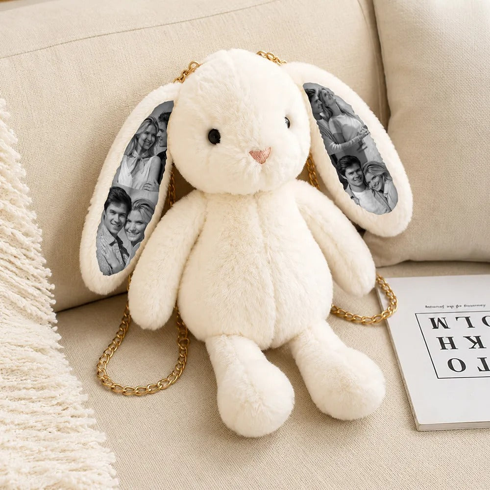 Custom Photo Bunny Convertible Bag - Versatile Plush Rabbit Backpack & Crossbody purse with Personalized Ear Prints, Unique Gift for Her, Kids & Pet Lovers