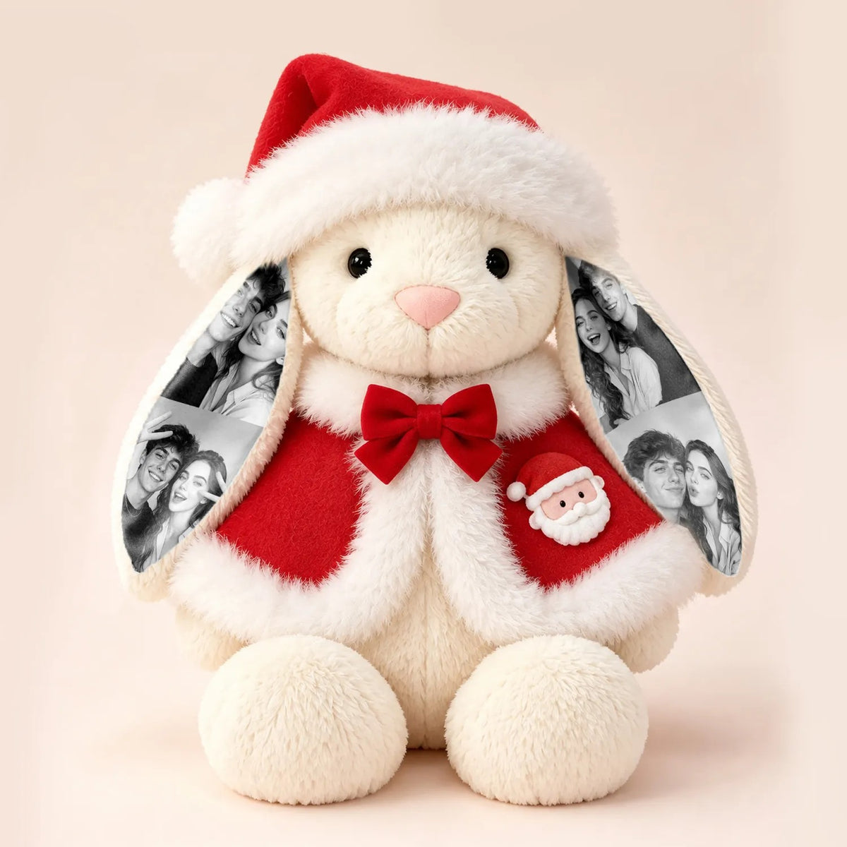 Custom Photo Bunny Plush with Santa Hat & Red Cape — Personalized Long-Ear Rabbit Stuffed Animal Christmas Gift