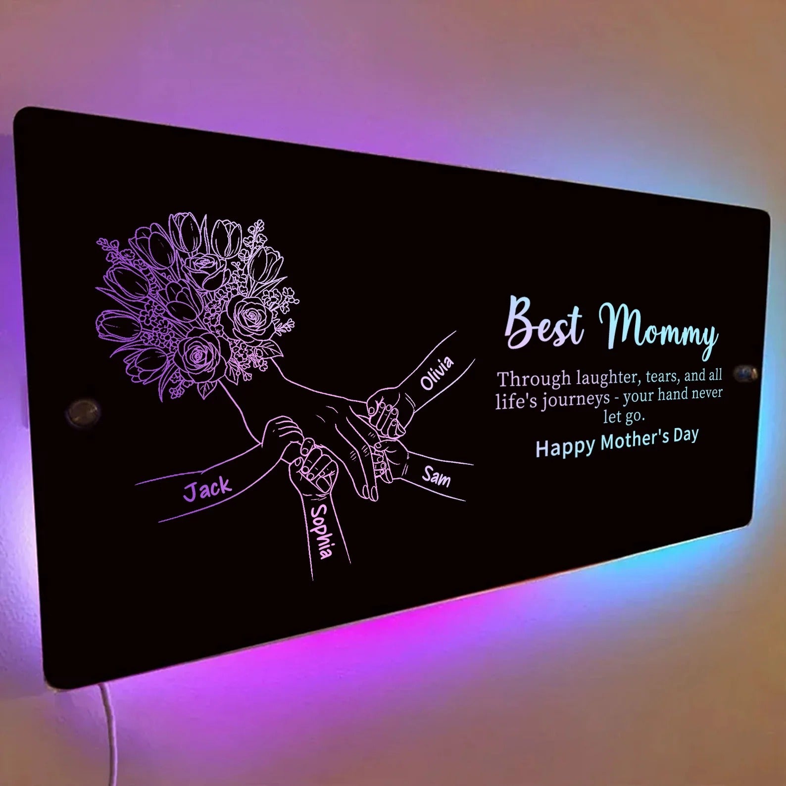 (Tulip & Rose) Personalized Mom Holding Hands Mirror Light - Custom Mother‘s Day Gifts for Mom